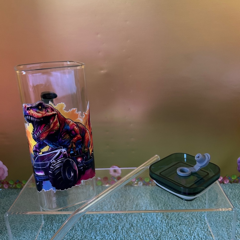 Handcrafted Dinosaur Glass Tumbler with Straw Green Lid and Handle 13.5 oz